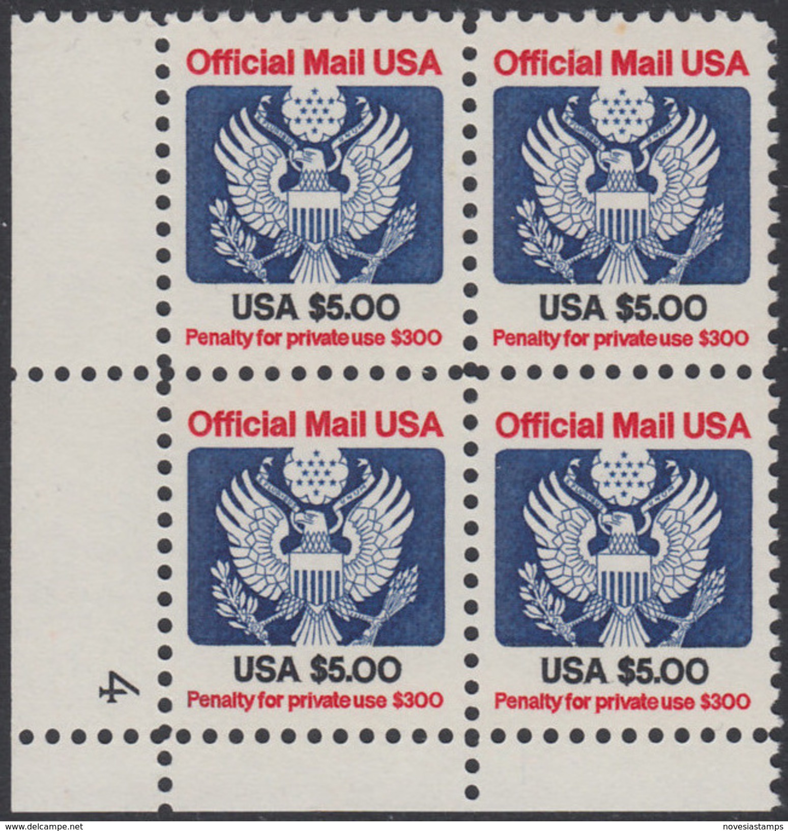 !a! USA Sc# O133 MNH PLATEBLOCK (LL/4) - Great Seal - Service