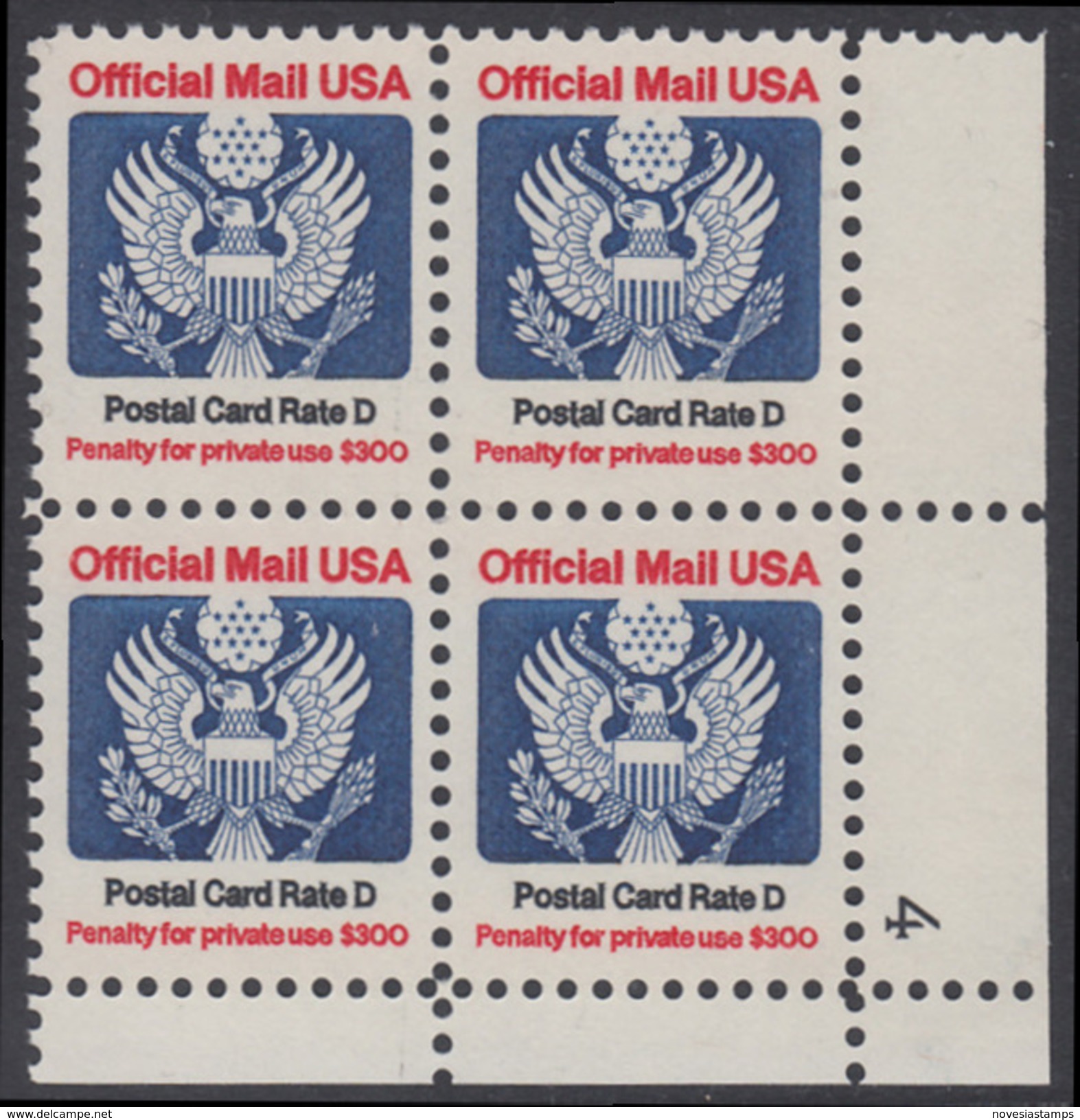 !a! USA Sc# O138 MNH PLATEBLOCK (LR/4) - Great Seal - Servizio