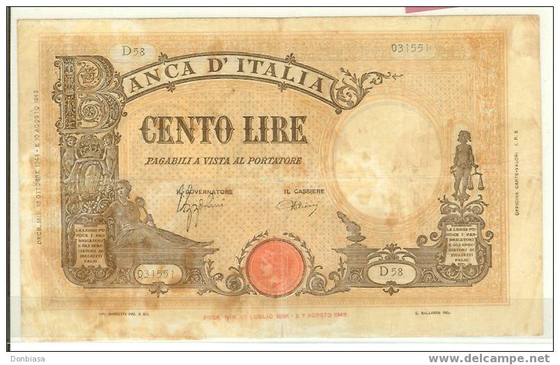 100 Lire Grande "B" (B.I.) Decr. 10/10/1944 (Azzolini / Urbini) - Barbetti - 100 Liras