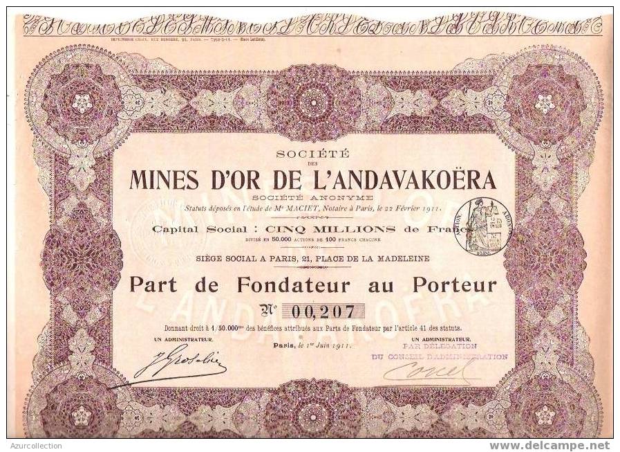 TITRE  MINES D´OR DE L'ANDAVAKOERA - Mines