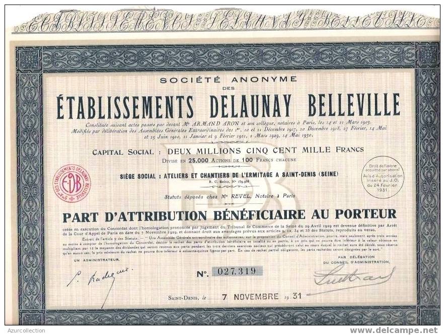 TITRE .AUTOMOBILE DELAUNAY BELEVILLE - Transports