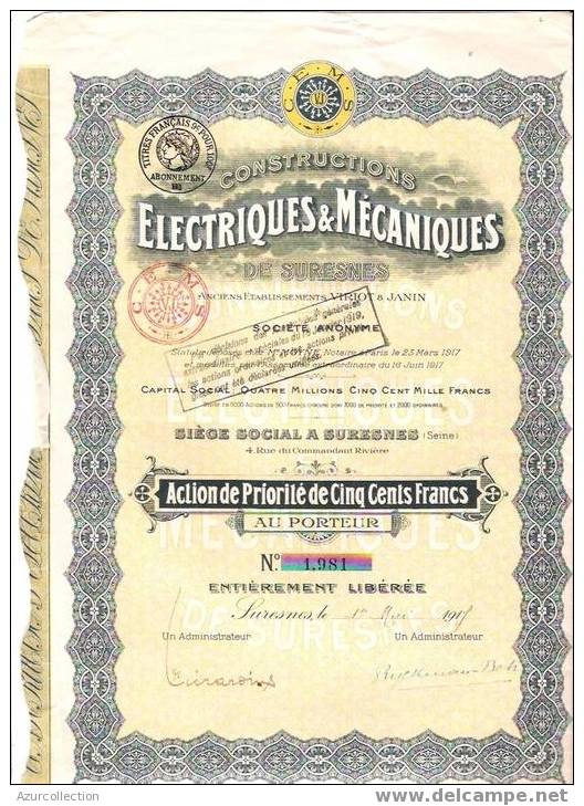 TITRE .ELECTRICITE DE SURESNES .92 - Electricity & Gas