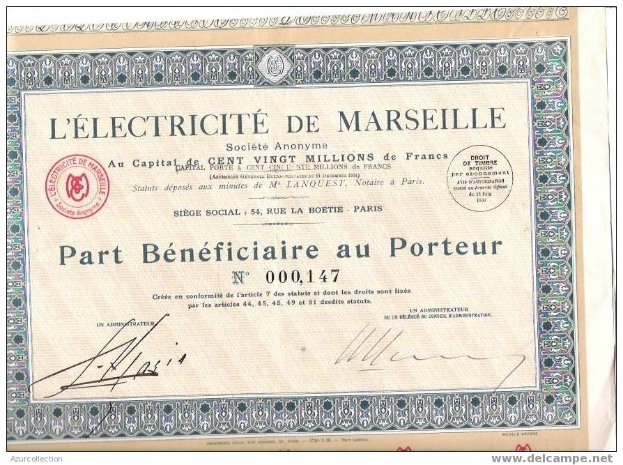 TITRE .ELECTRICITE DE MARSEILLE .13 - Elettricità & Gas