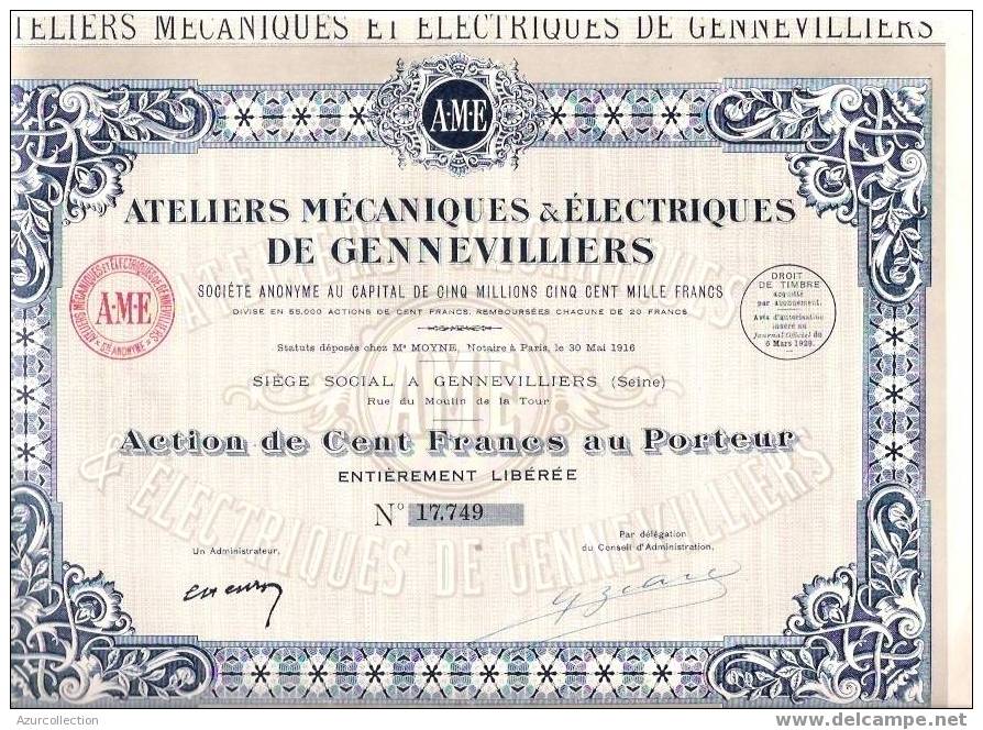 TITRE .ELECTRICITE DE GENNEVILLIERS - Elettricità & Gas