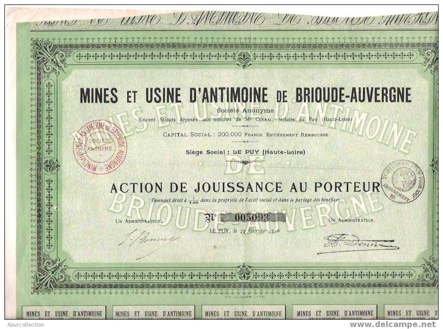 TITRE .MINES D'ANTIMOINE DE BRIOUDE AUVERGNE .43 . - Mines