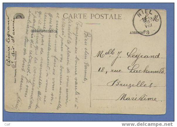 Kaart Met Stempel NIEL Op 20/8/1914 (Offensief W.O.I) Naar Brussel - Autres & Non Classés