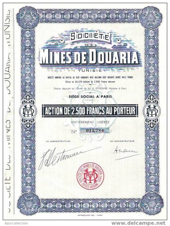 TITRE  .MINES DE DOUARIA  .TUNISIE - Africa