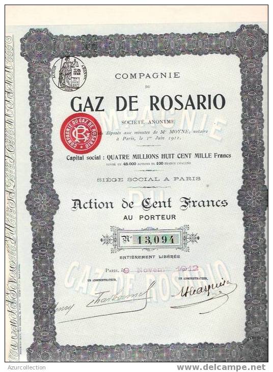 TITRE .GAZ DE ROSARIO. BRESIL - Electricity & Gas