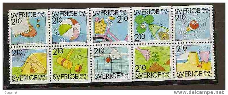 SWEDEN 1989 SPORTS AND SUMMER VF USED SE TENANT BLOCK OF 10 - Scott # 1739/48 - Yvert # 1524/1533 - Bádminton