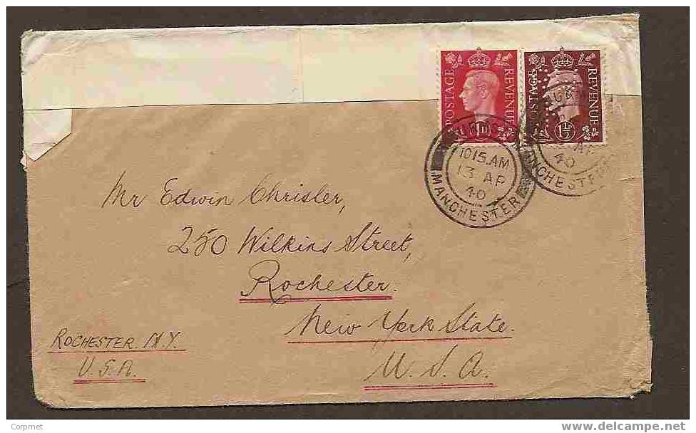 UK - VF PERFIN On 1940 Re Issued Cover From MANCHESTER To NEW YORK - Perfin Letters R.W.P. On 1 1/2p Stamp - Perforés