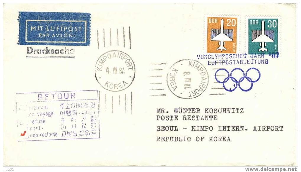 Enveloppe Vol Spécial Berlin Séoul 04/08/87 - Année Préolympique - RDA - Estate 1988: Seul