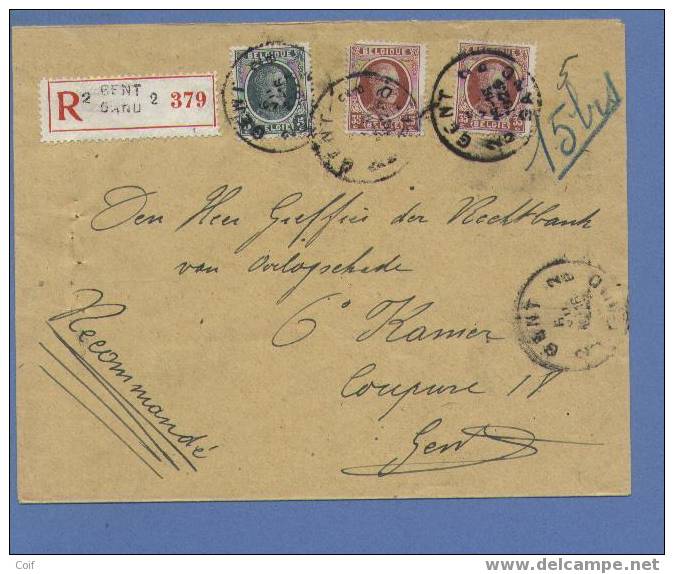 193+201(2) Op Aangetekende Brief Met Stempel GENT - 1922-1927 Houyoux