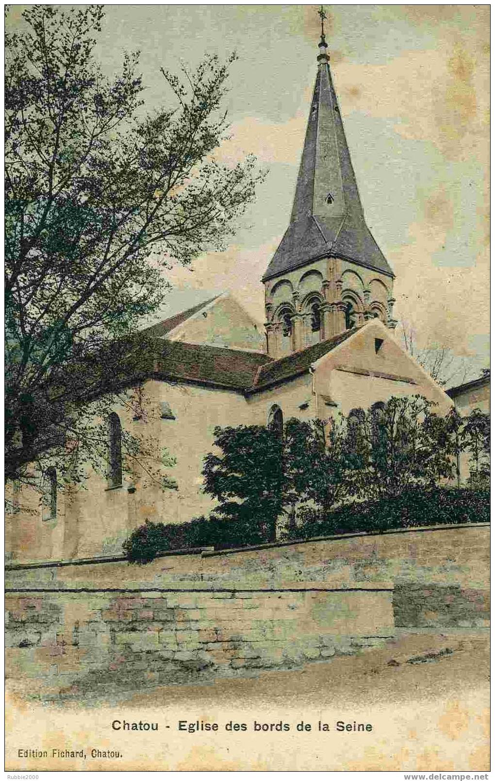 CHATOU 1911 EGLISE DES BORDS DE LA SEINE CARTE AQUARELLEE EN BON ETAT - Chatou