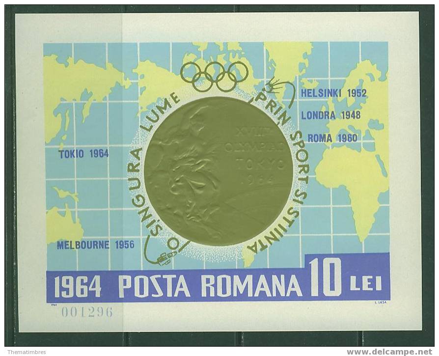 164N0220 Medaille Planisphere Bloc 60 Roumanie 1964 Neuf ** JO De Tokyo - Ete 1964: Tokyo