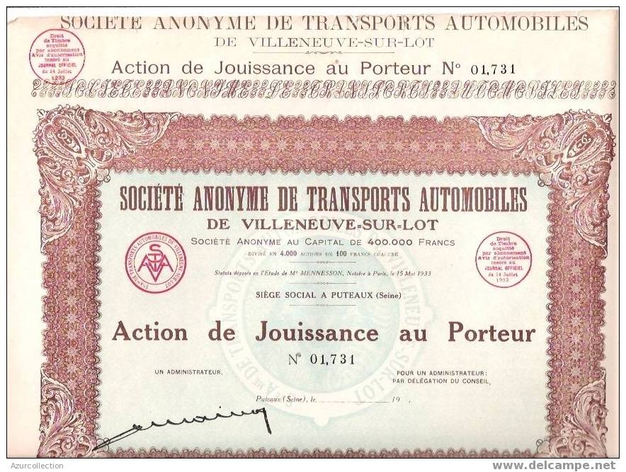 TITRE .TRANSPORT AUTOMOBILE .VILLENEUVE SUR LOT .47 - Transport