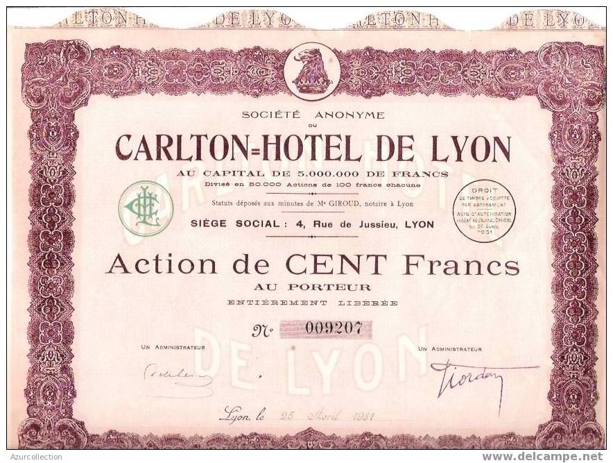TITRE  .S. A .CARLTON HOTEL DE LYON .69. - Turismo