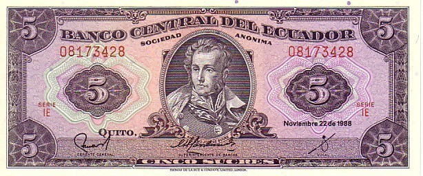 EQUATEUR    5 Sucres   Daté Du 22-11-1988    Pick 113d     ***** BILLET  NEUF ***** - Equateur