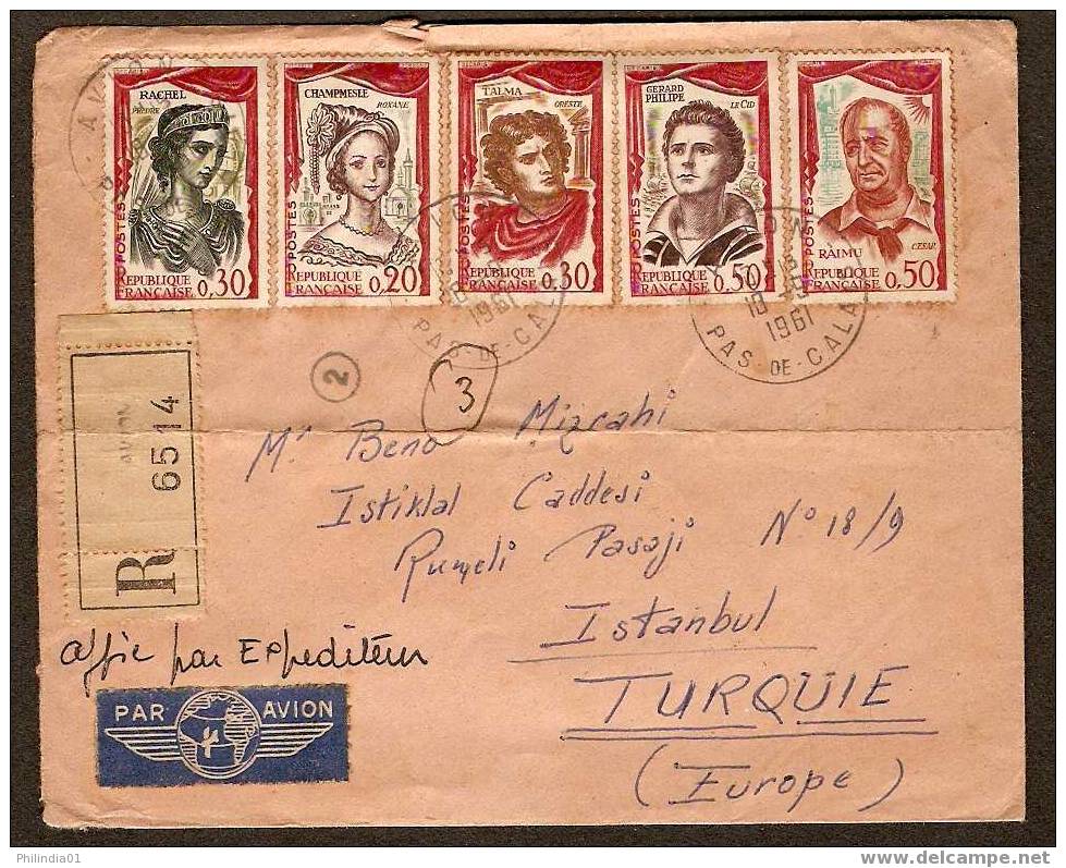 FRANCE 1961 FAMOUS PEOPLE, FRENCH ACTORE & ACTORESS COMPLETE SET ON REGD COVER TO TURKEY # 9161 - Schauspieler