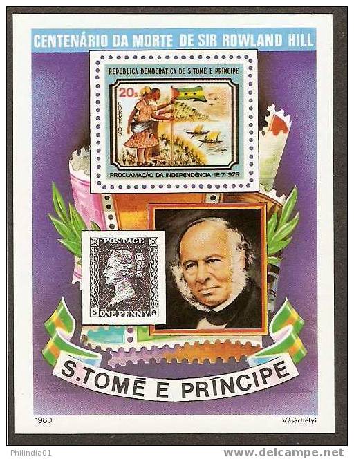 ST. THOMAS & PRINCE ISLAND 1979 FAMOUS PEOPLE, ROLAND HILL, STAMP ON STAMP M/s MNH** # 5302 - Rowland Hill