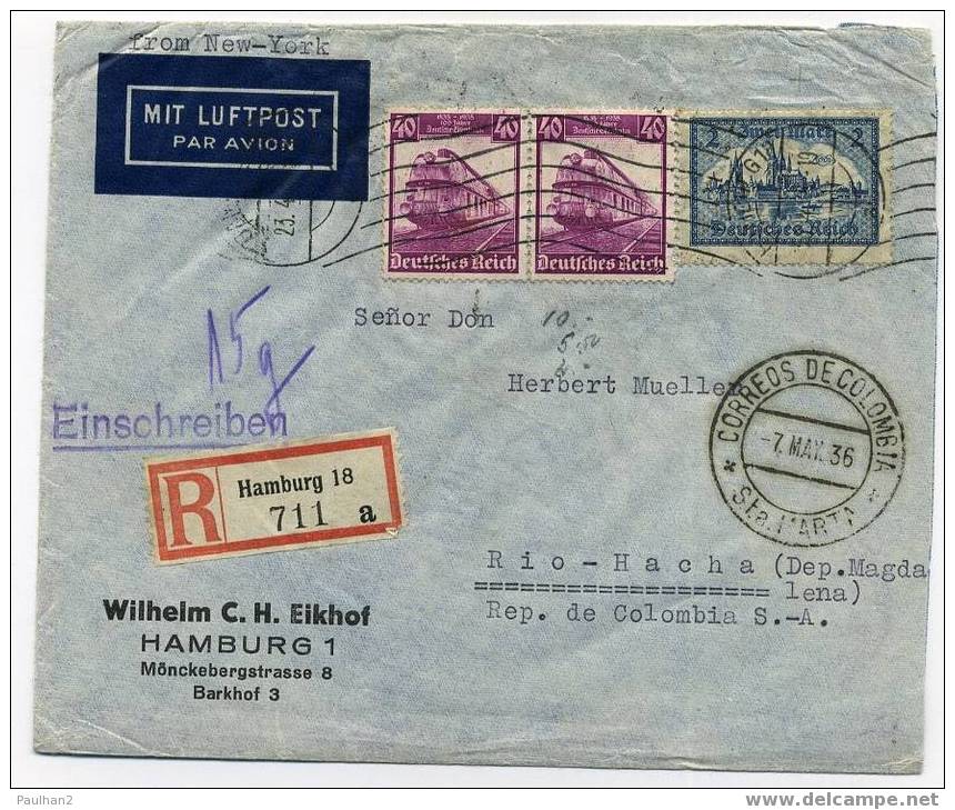 LETTRE AVION ALLEMAGNE-USA-COLOMBIA 1936/HAMBURG-NEW YORK-MIAMI-SANTA MARTA/AVIATION CATAPULTE LUFTHANSA-PAN AM -SCADTA - Gebraucht