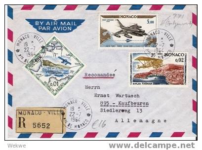 PM011  MONACO - / Luftpost-Einschreiben Nach Kaufbeuren, Deutschland,  – Mit 3 Luftpostmarken – 1964 – Div. Flugzeuge - Briefe U. Dokumente