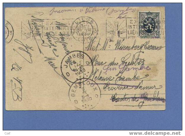 279 Op Kaart Met Stempel LUIK Verzonden Naar JAMBES En Doorverzonden Naar GEMBLOUX, Geschreven "Inconnu à Velaine(Jambes - 1929-1937 Heraldieke Leeuw