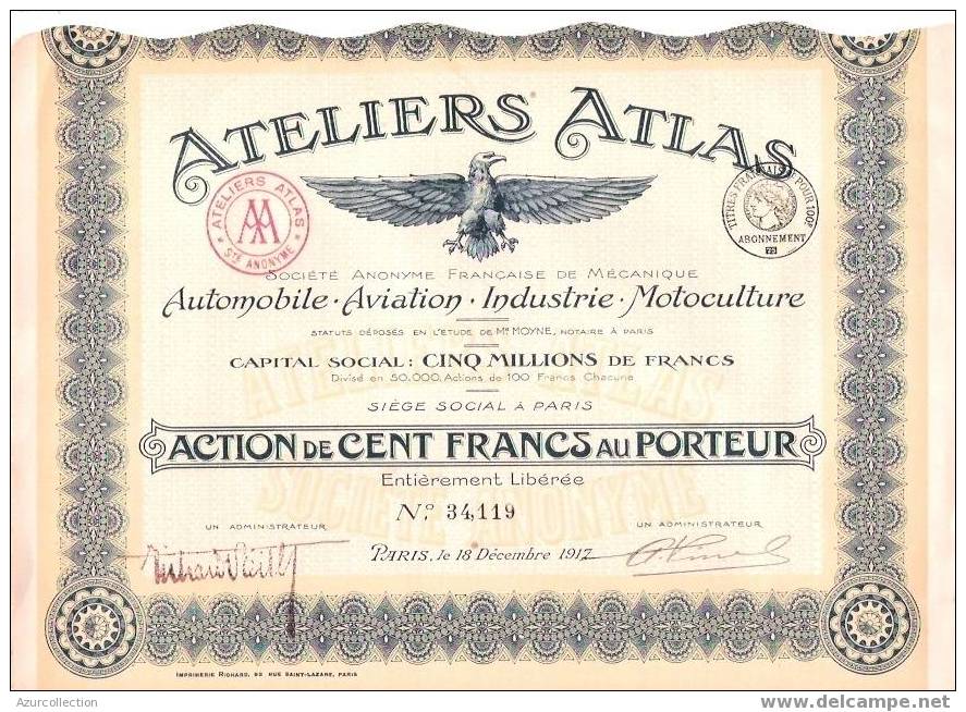 TITRE  .ATELIERS ATLAS. AUTO.AVIATION...AIGLE - Transporte