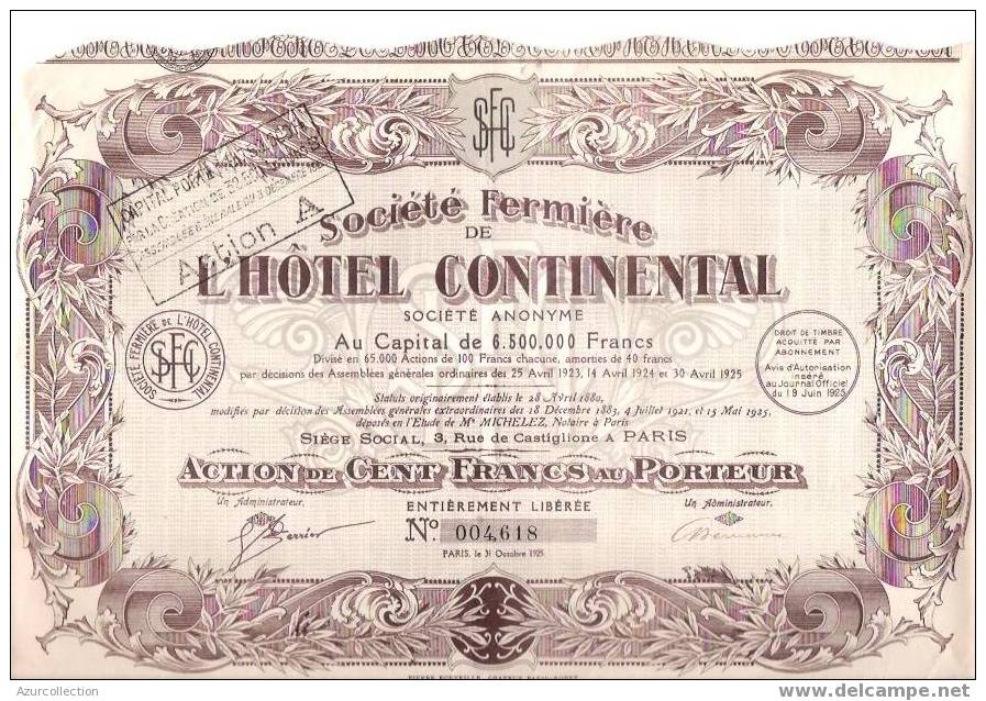 TITRE  .S.F.HOTEL CONTINENTAL - Toerisme