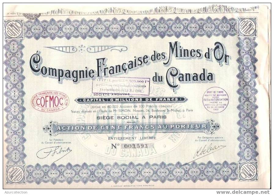 TITRE  . MINES D'OR DU CANADA - Miniere