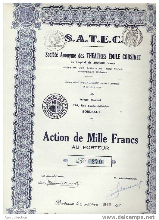 TITRE  .S. A THEATRES E.COUSINET .BORDEAUX .33 - Cinema & Teatro