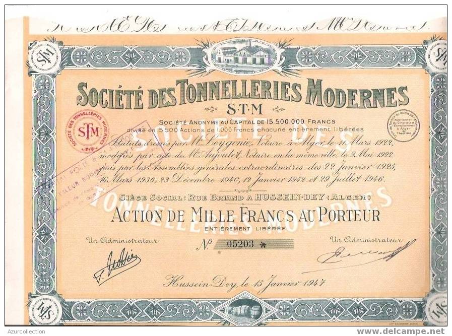 TITRE  .S. TONNELLERIES MODERNES .ALGER - Industry