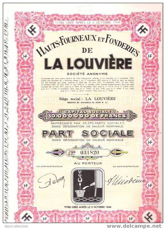 TITRE  .FONDERIES DE LA LOUVIERE - Industrie