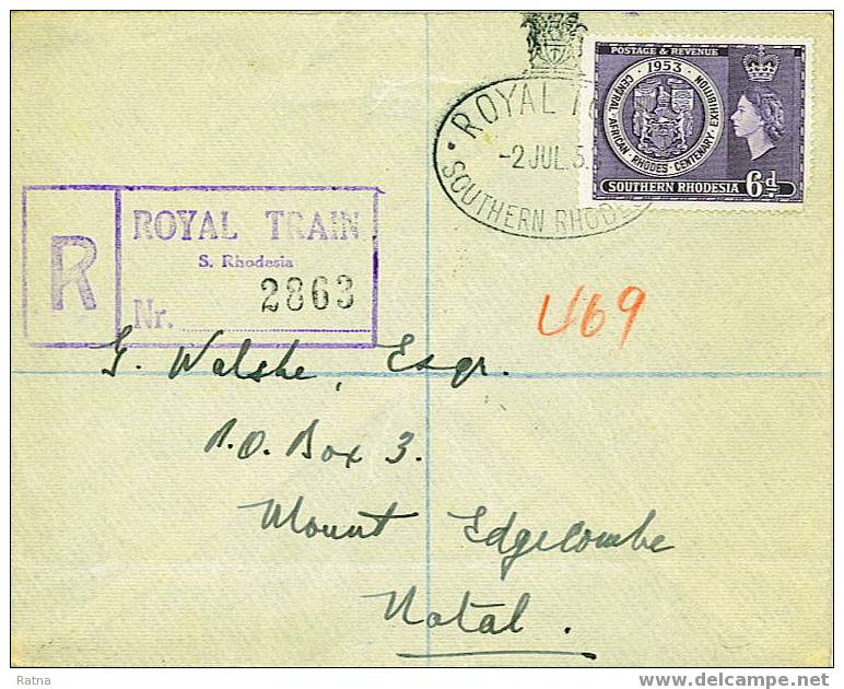 Rhodesie Du Sud : Lettre Recommandée Du Train Royal Pour Natal Oblitération Speciale 1953 Vrai Courrier - Rhodésie Du Sud (...-1964)