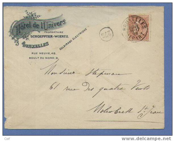 57 Op Brief Met Hoofding "Hotel De L'Univers Bruxelles" Met Stempel BRUXELLES / DEPART Naar Molenbeek - 1893-1900 Barbas Cortas