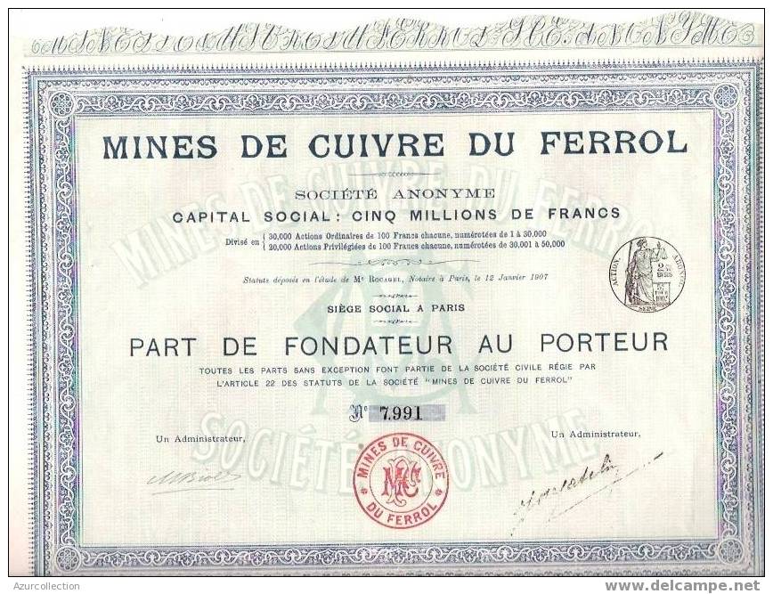 TITRE  . MINES DE CUIVRE DU FERROL - Miniere