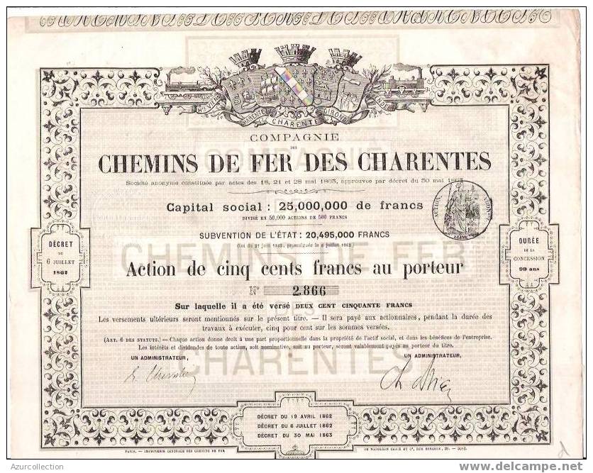 TITRE  . CHEMINS DE FER DES CHARENTES .1863 - Chemin De Fer & Tramway