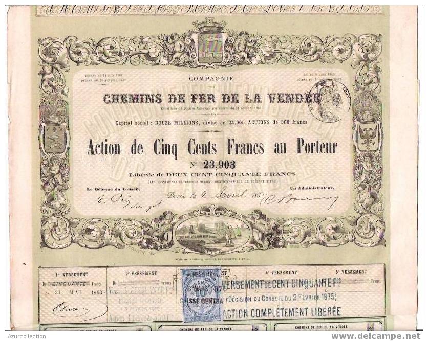 TITRE  . CHEMINS DE FER DE LA VENDEE.1863 - Ferrovie & Tranvie