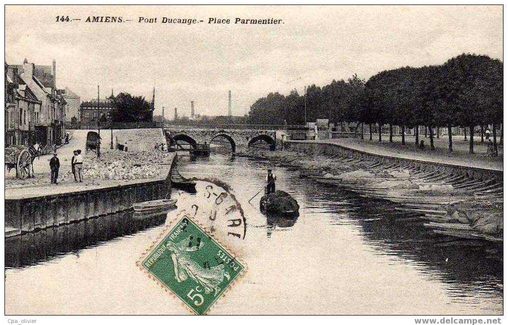 80 AMIENS Pont Du Cange, Place Parmentier, Animée, Barque, Ed Caron 144, 1911 - Amiens