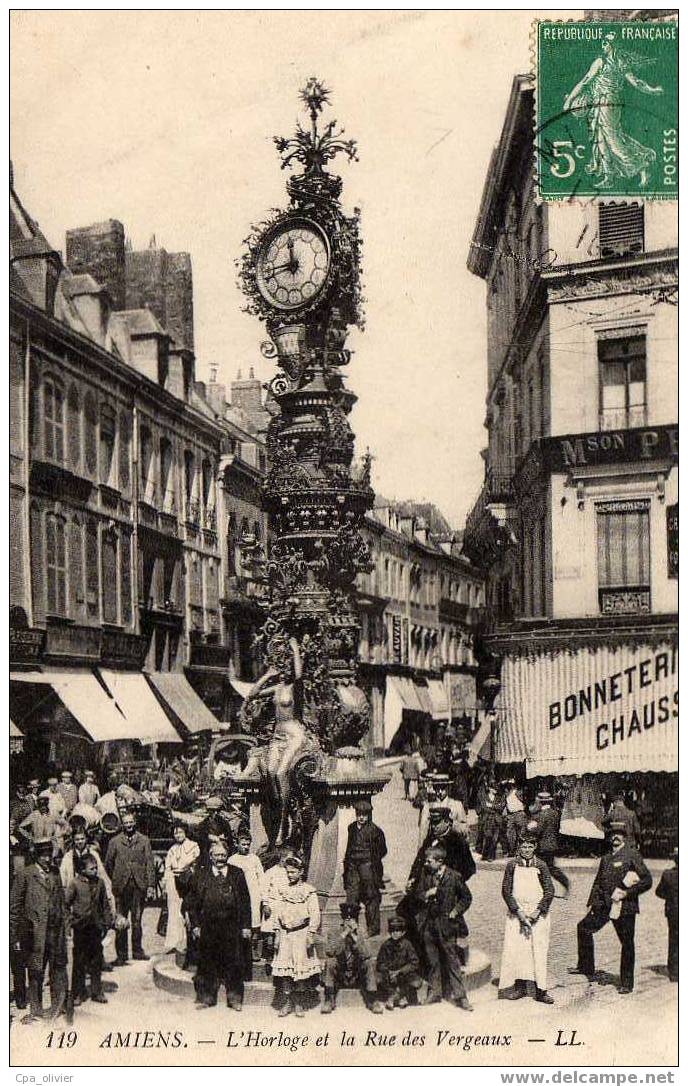 80 AMIENS Rue Des Vergeaux, Horloge Dewailly, Très Animée, Ed LL 119, 1910 - Amiens