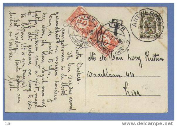 420 Op Kaart Met Stempel ANTWERPEN, Getaxeerd Met TX33 (2) Met Stempel LIER / ZIMMERTOREN - 1929-1937 Heraldieke Leeuw