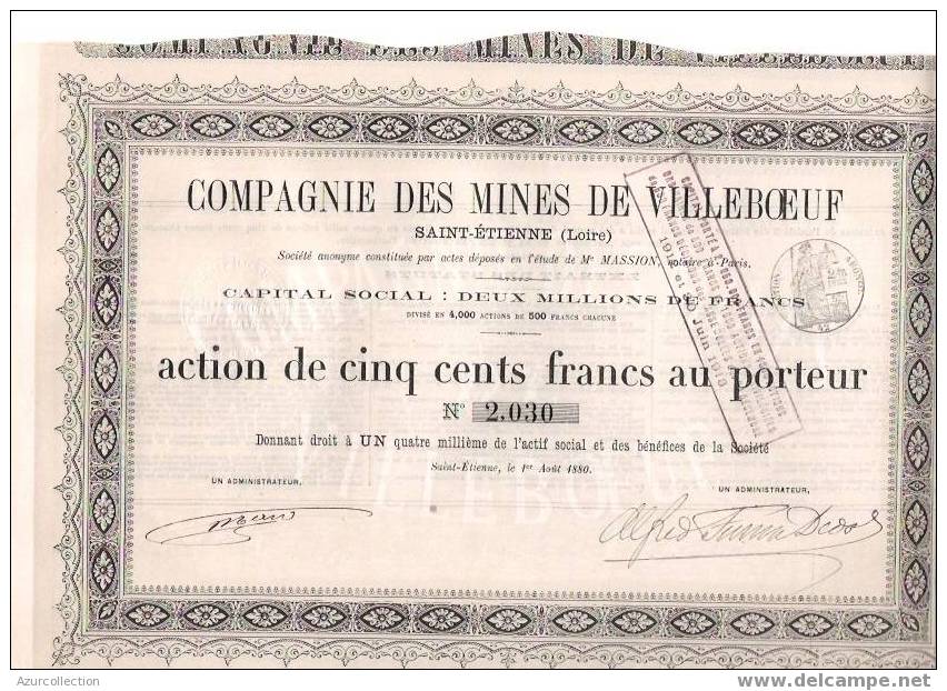 TITRE  . MINES DE VILLEBOEUF .ST ETIENNE .42 - Miniere