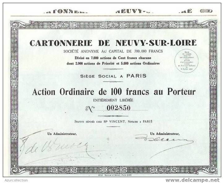 TITRE  . CARTONNERIE DE NEUVY SUR LOIRE - Industry