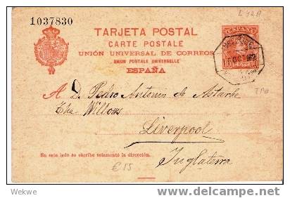 EE021-  SPANIEN /1902 – Alfonso 10 Cent – Per Bahnpost Nach, Liverpool,  England (ferro Carril) - 1850-1931