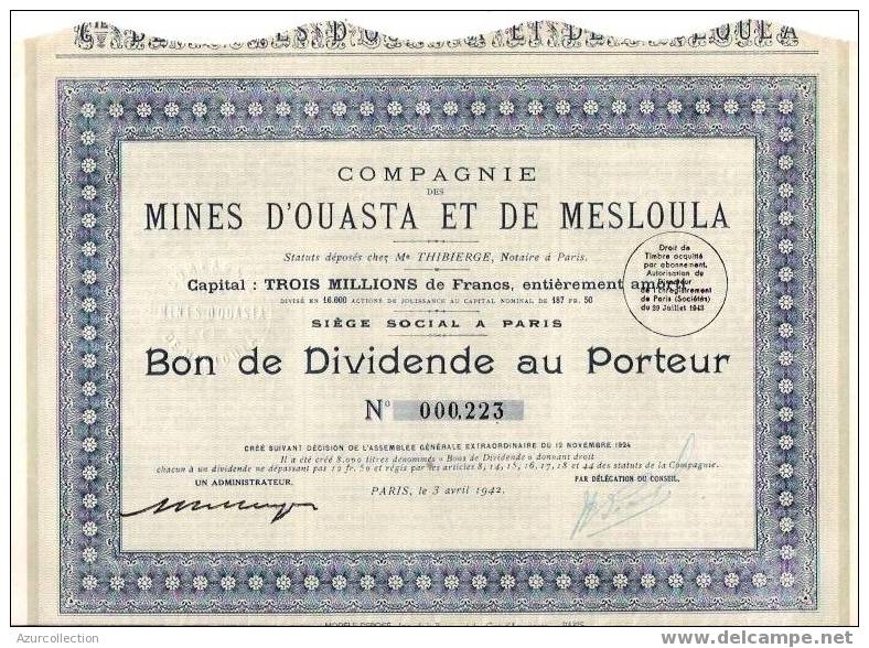 TITRE  . MINES D'OUASTA ET DE MESLOULA - Miniere