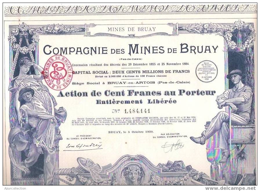 TITRE  .MINES DE BRUAY .62 - Mines