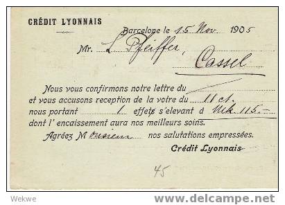 EE034 / SPANIEN - 1905 – Barcelona/Deutschland, Cassel,  – Firmenzudruck Credit Lyonnais - 1850-1931