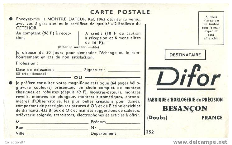 PUBLICITE - CARTE PUBLICITAIRE MONTRE DIFOR De BESANCON - 25 - DOUBS - HORLOGERIE - PENDULE - HORLOGE - Publicidad