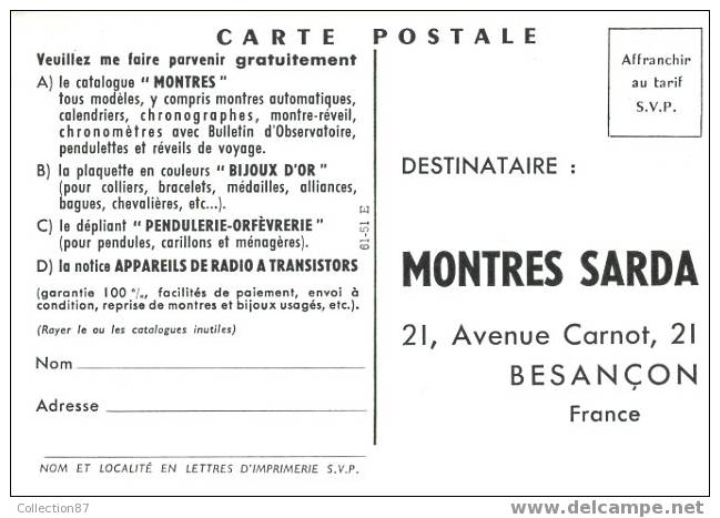 PUBLICITE - CARTE PUBLICITAIRE MONTRE SARDA De BESANCON - 25 - DOUBS - HORLOGERIE - PENDULE - HORLOGE - Publicidad