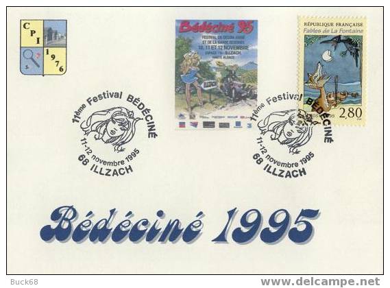BEDECINE 1995 ILLZACH Carte Cachet Officiel COLOMBINE (Dany Valentin RAMEAU) Timbre Fable LA FONTAINE 9 - Fumetti