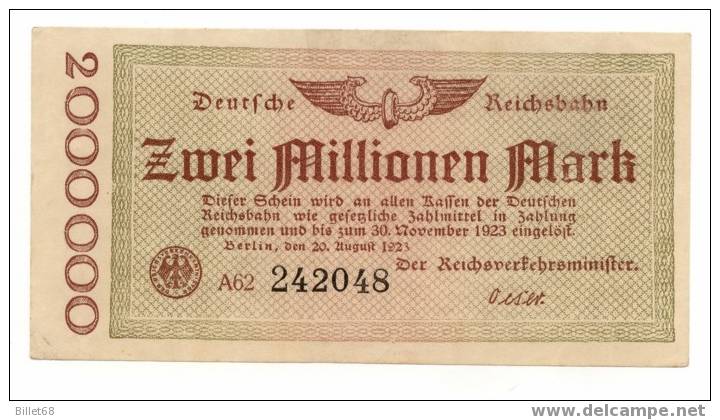 Billet Allemagne  2 Millionen Mark  20 August 1923 Reichsbahn - 2 Millionen Mark